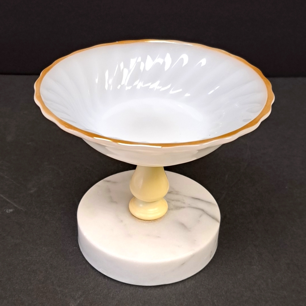 Vintage milk glass pedestal soap/trinket dish on marble base